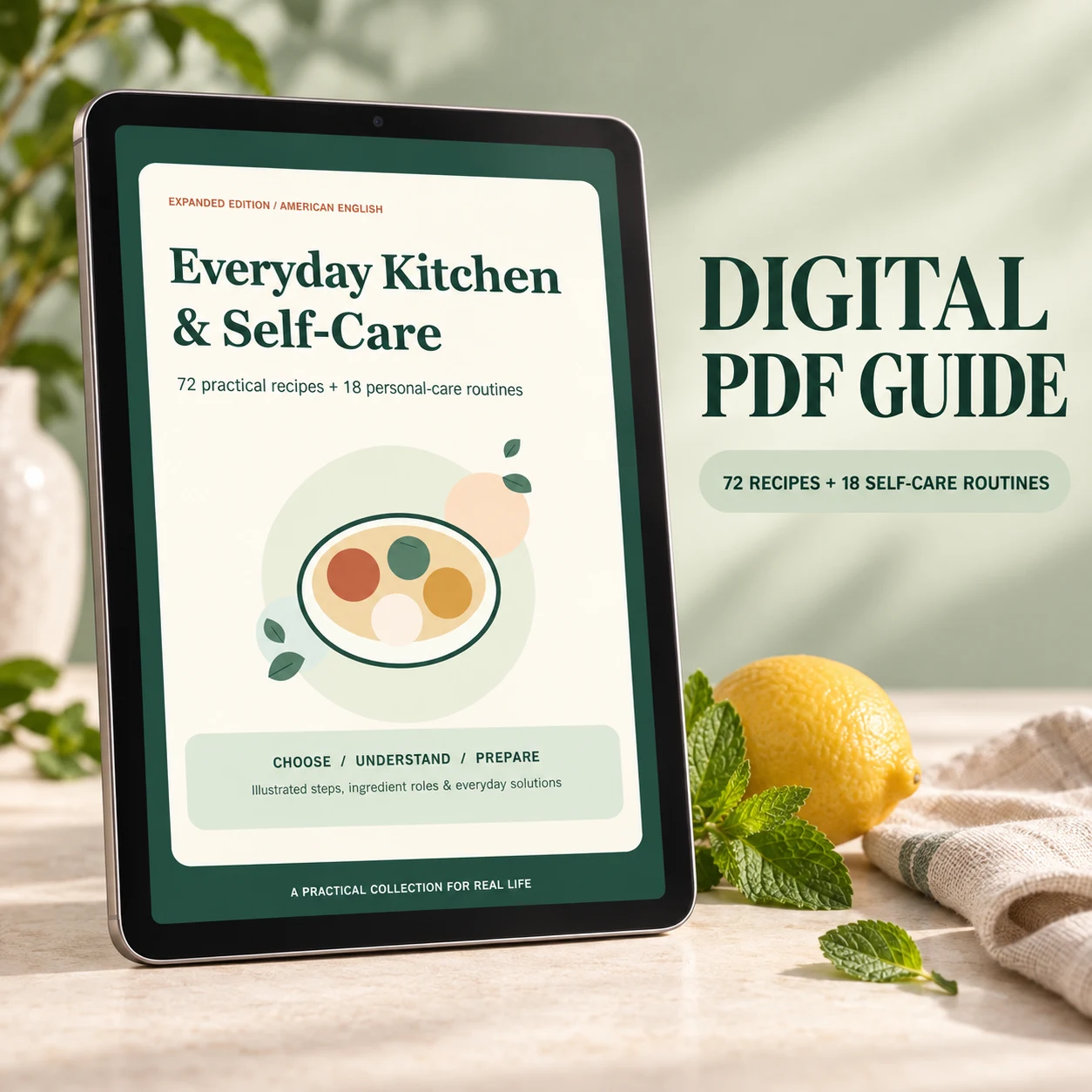 Everyday Kitchen and Self-Care PDF cover shown on a tablet, with a lemon and mint beside it